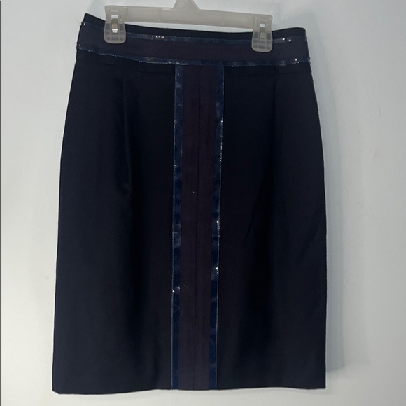 TORY BURCH Navy Wool W/Blue Faux Patent Leather Trim Front Pencil Skirt Size 4 - Picture 1 of 7